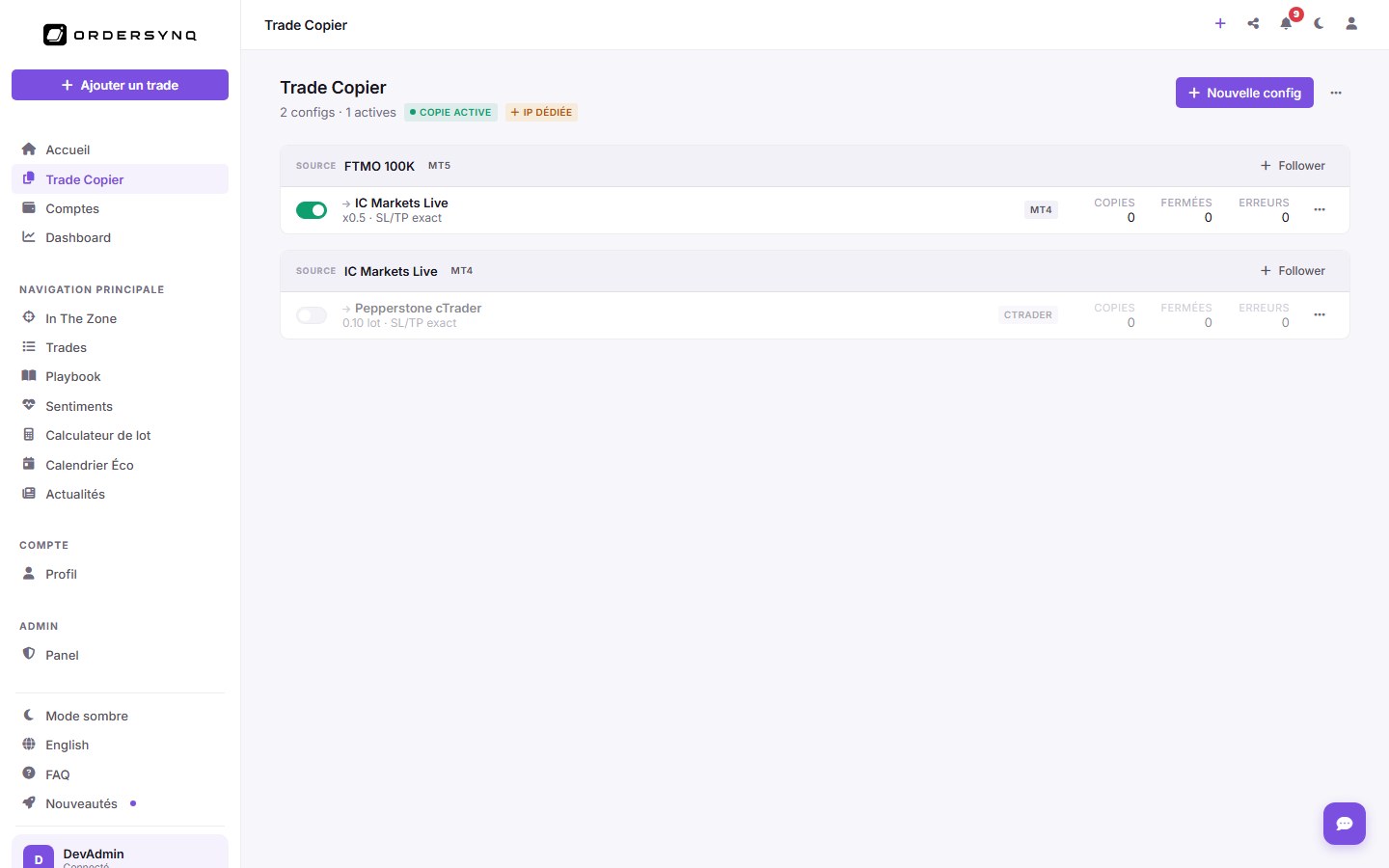 Le copieur OrderSynQ : routes du compte master vers les comptes followers